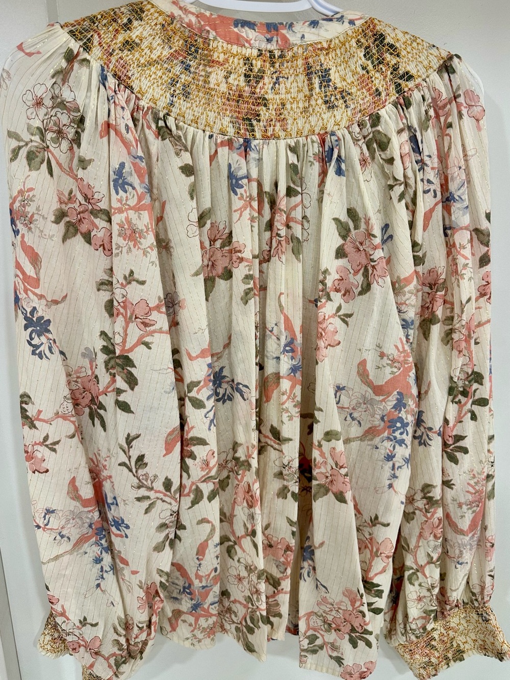 Anthropologie Cream Floral Smocked Yoke Button-Front Blouse with Tassels - Picture 3 of 3